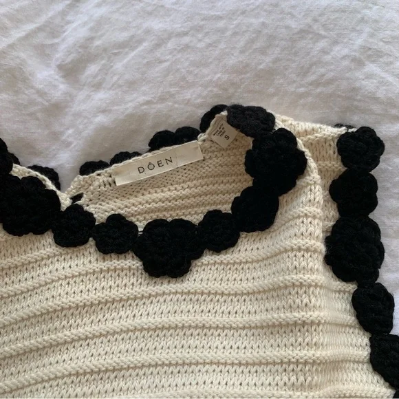 Doen Millicent Pima Cotton Knit Pocket Trim Sleeveless Mini Dress Cream Black